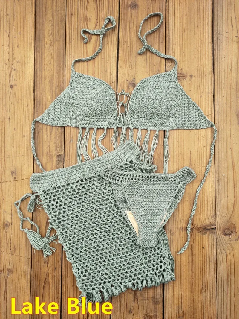 Bohemian Breeze 3-Piece Crochet Bikini Set with Tassel Skirt