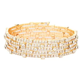 Brass Metal Round Stone Accented Rhinestone Coil Bracelet