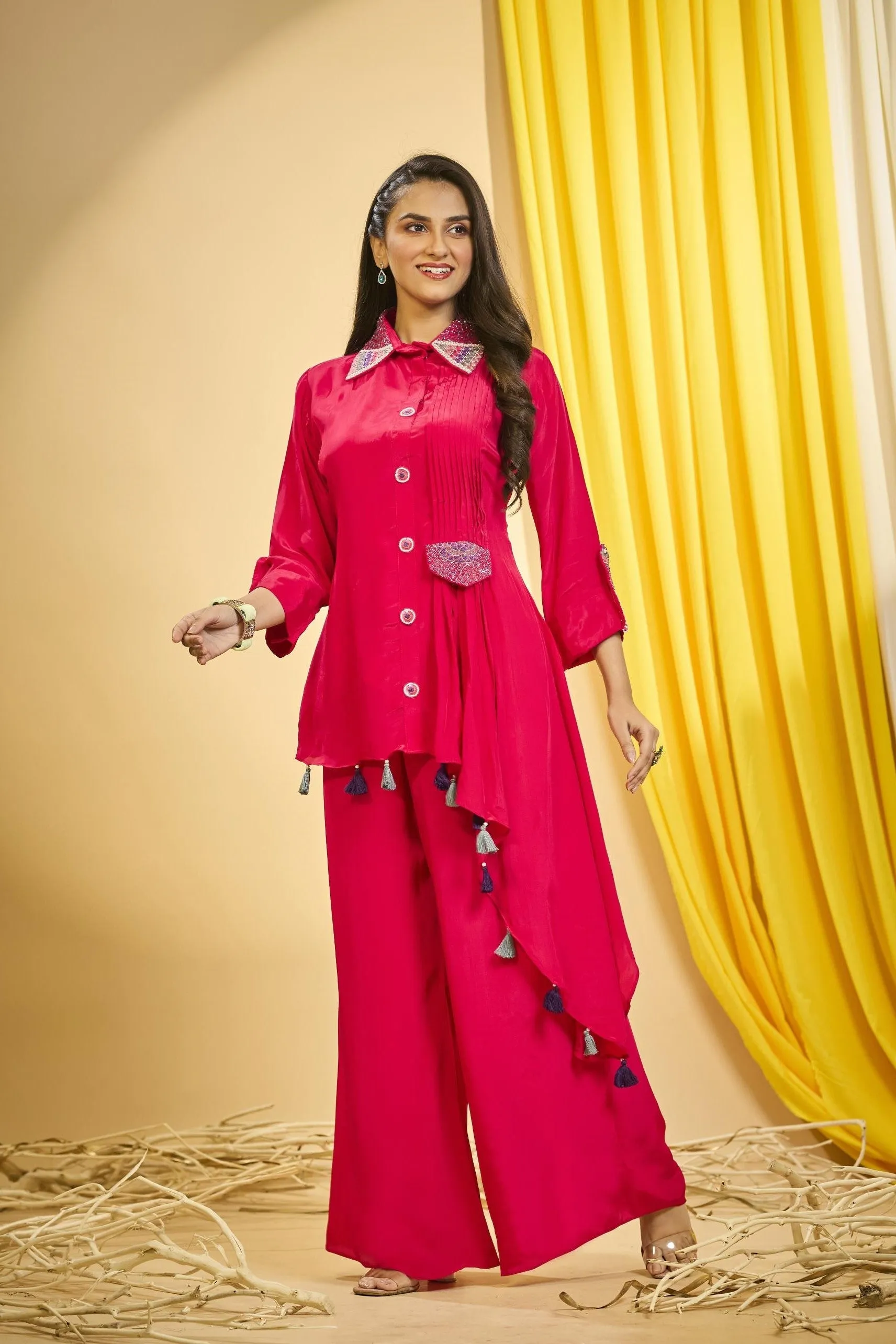 Bright Pink Embroidered Spanish Silk Co-Ord Set