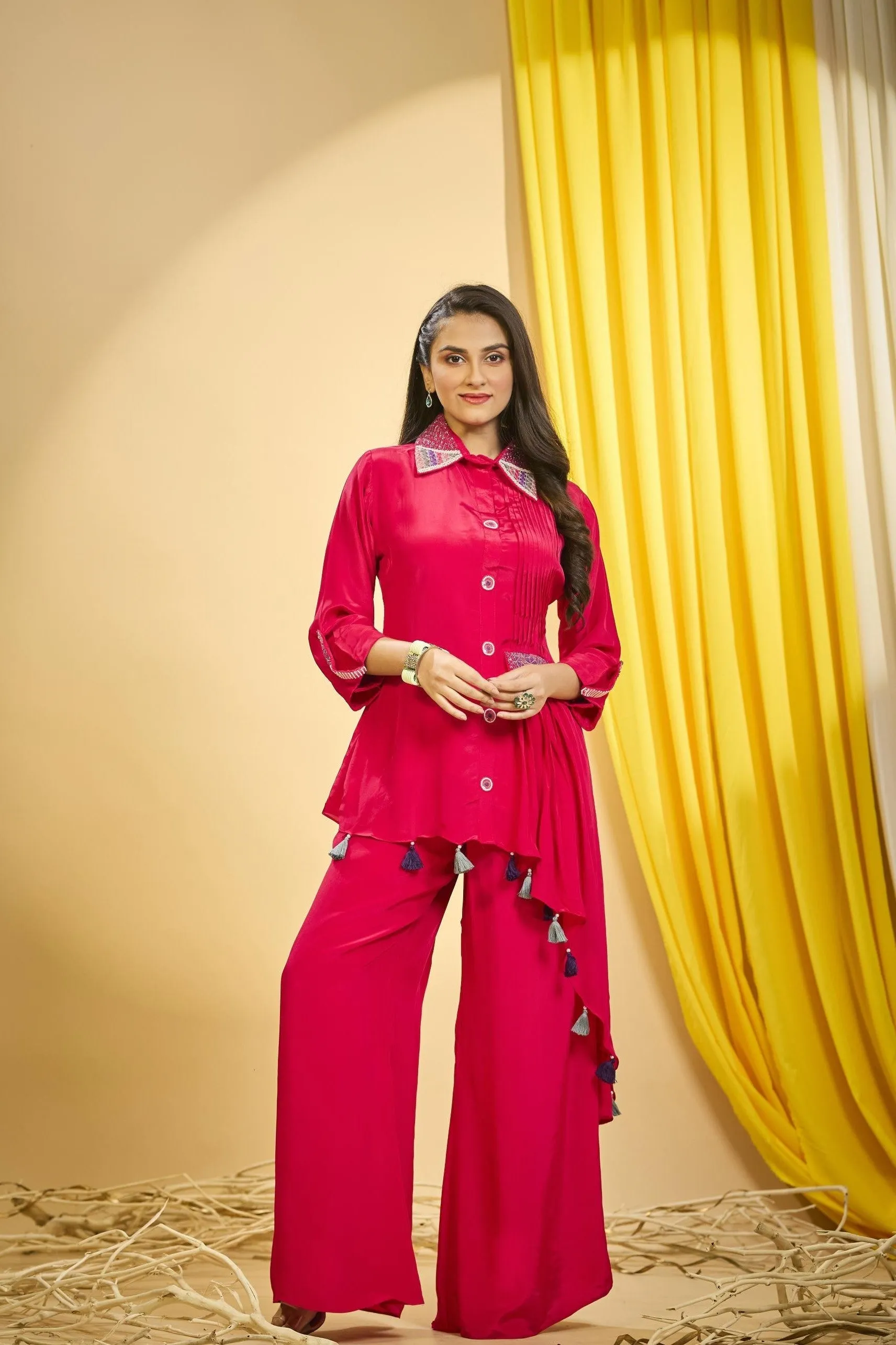 Bright Pink Embroidered Spanish Silk Co-Ord Set