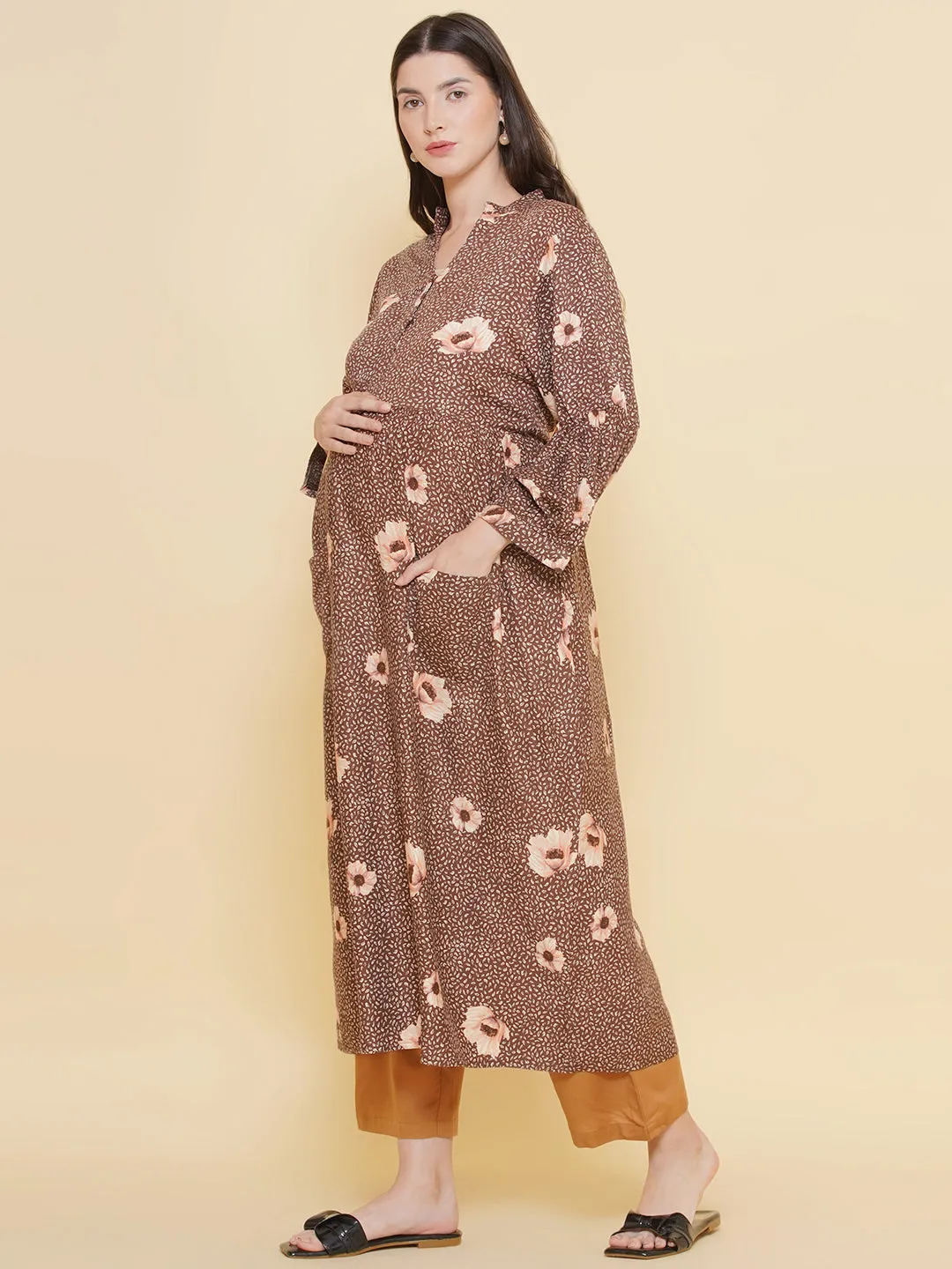 Brown Floral Print Shirt Collar Maternity & Nursing Kurta Set