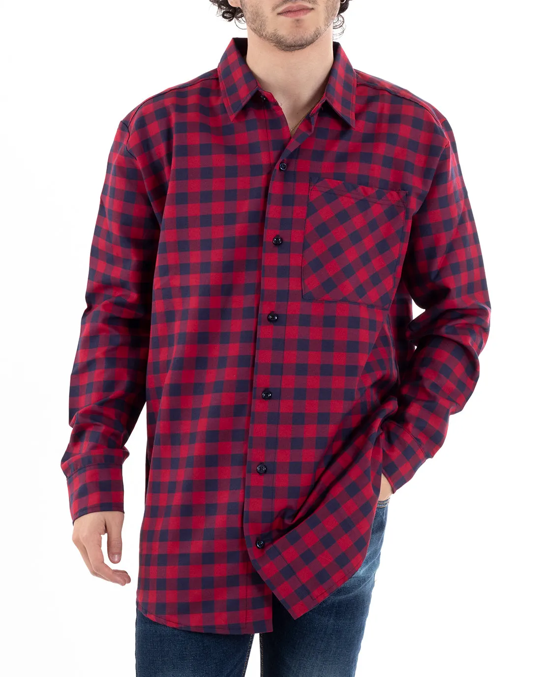 Camicia Con Colletto Camicione Manica Lunga Scozzese Quadri Rosso Blu GIOSAL-C2652A