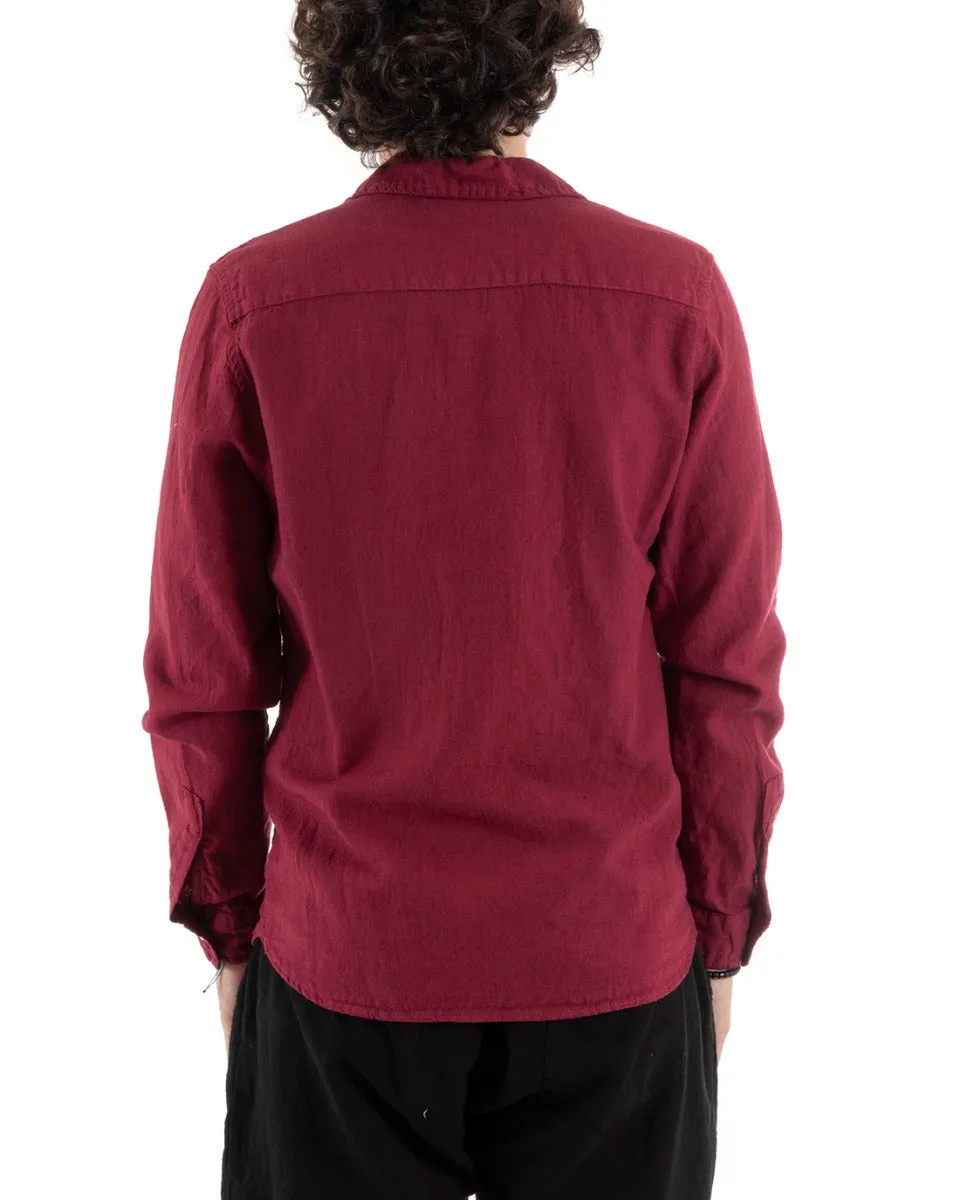 Camicia Uomo Con Colletto Slim Fit Lino Tinta Unita Maniche Lunghe Bordeaux GIOSAL-C2764A