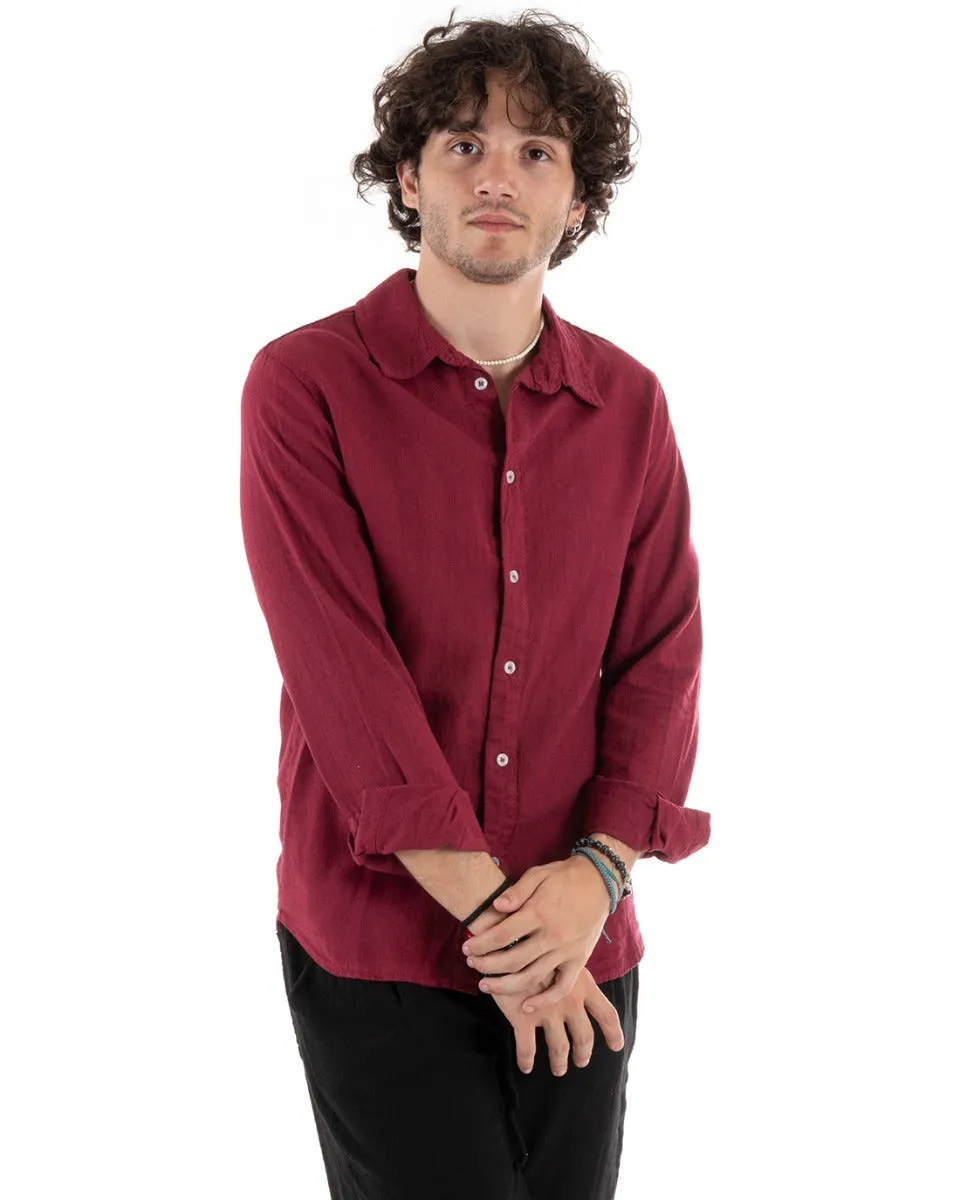 Camicia Uomo Con Colletto Slim Fit Lino Tinta Unita Maniche Lunghe Bordeaux GIOSAL-C2764A