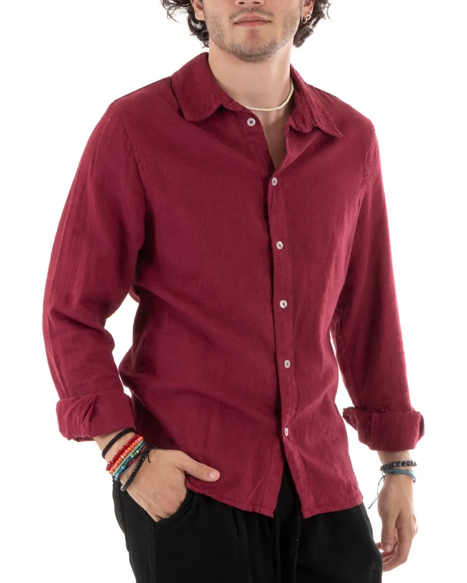 Camicia Uomo Con Colletto Slim Fit Lino Tinta Unita Maniche Lunghe Bordeaux GIOSAL-C2764A