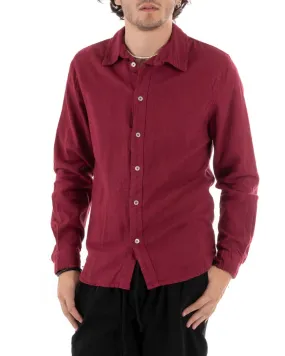 Camicia Uomo Con Colletto Slim Fit Lino Tinta Unita Maniche Lunghe Bordeaux GIOSAL-C2764A