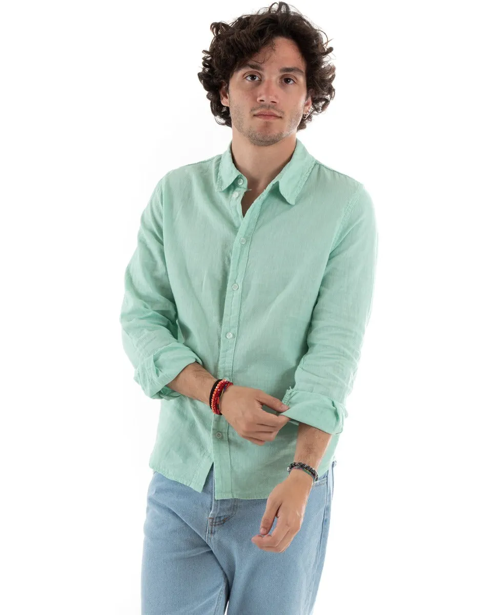 Camicia Uomo Con Colletto Slim Fit Lino Tinta Unita Maniche Lunghe Verde Acqua GIOSAL-C2758A