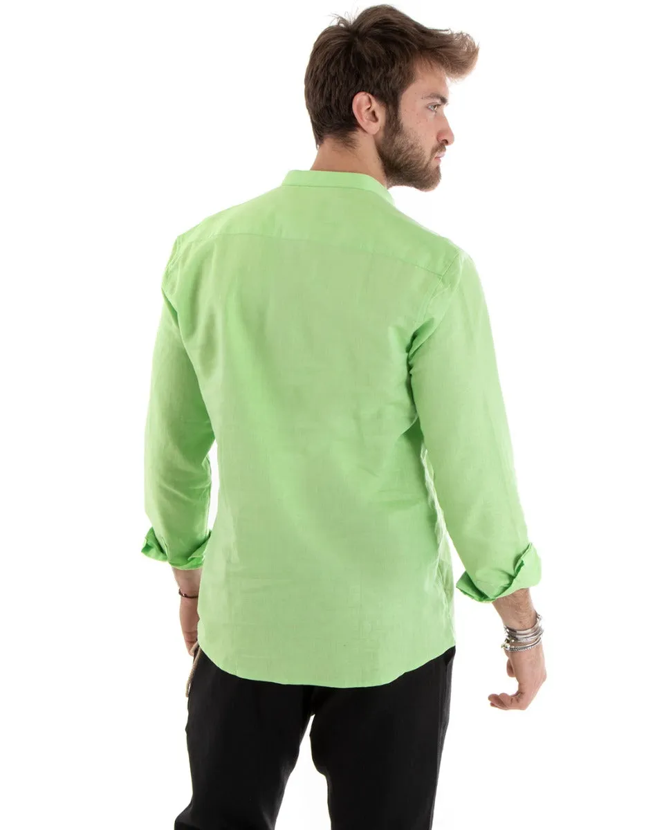 Camicia Uomo Serafino Casacca Manica Lunga Lino Tinta Unita Sartoriale Verde Acido GIOSAL-C2812A