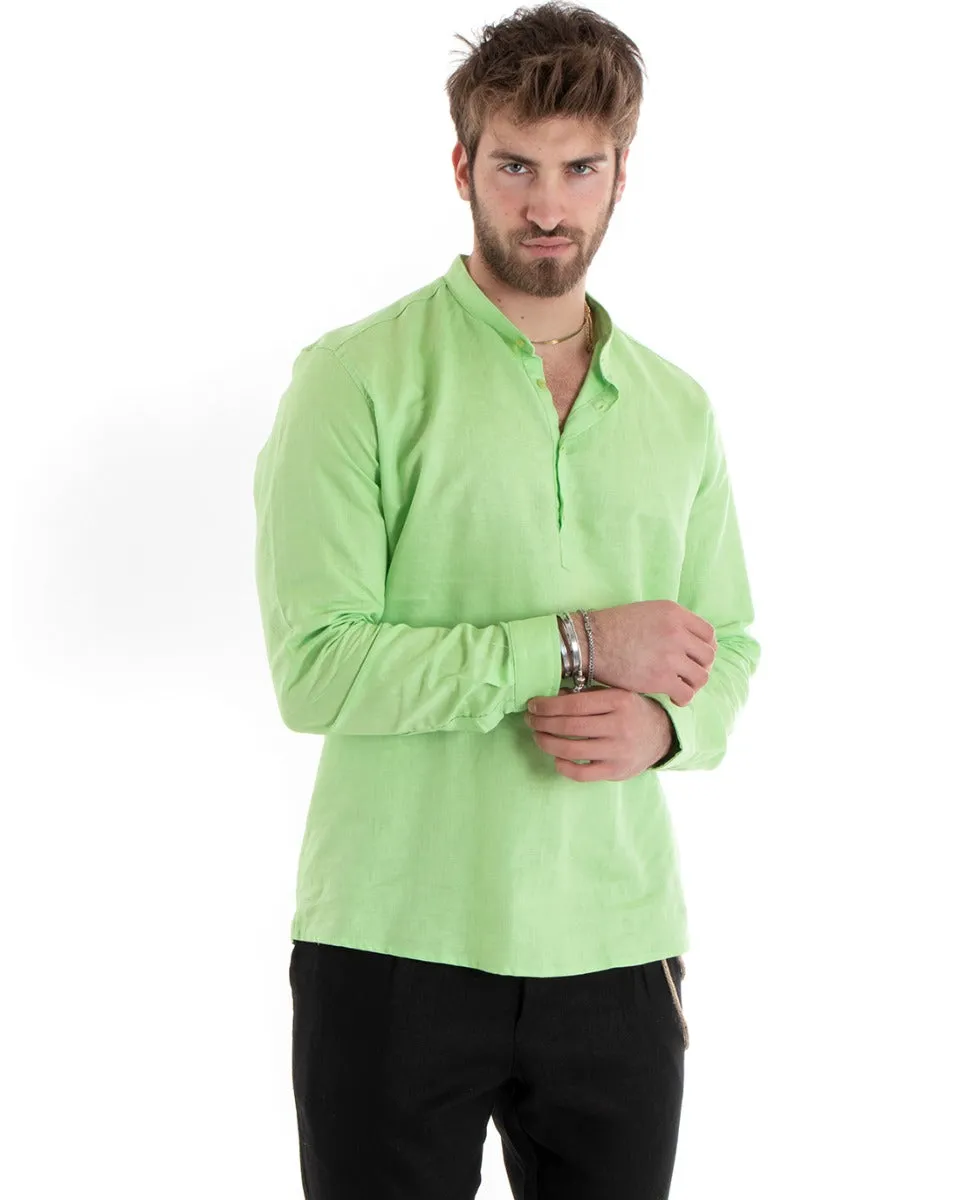 Camicia Uomo Serafino Casacca Manica Lunga Lino Tinta Unita Sartoriale Verde Acido GIOSAL-C2812A