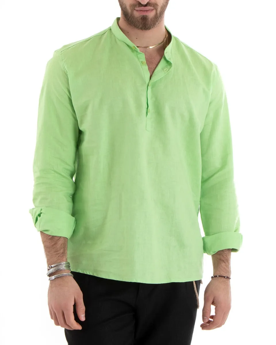 Camicia Uomo Serafino Casacca Manica Lunga Lino Tinta Unita Sartoriale Verde Acido GIOSAL-C2812A