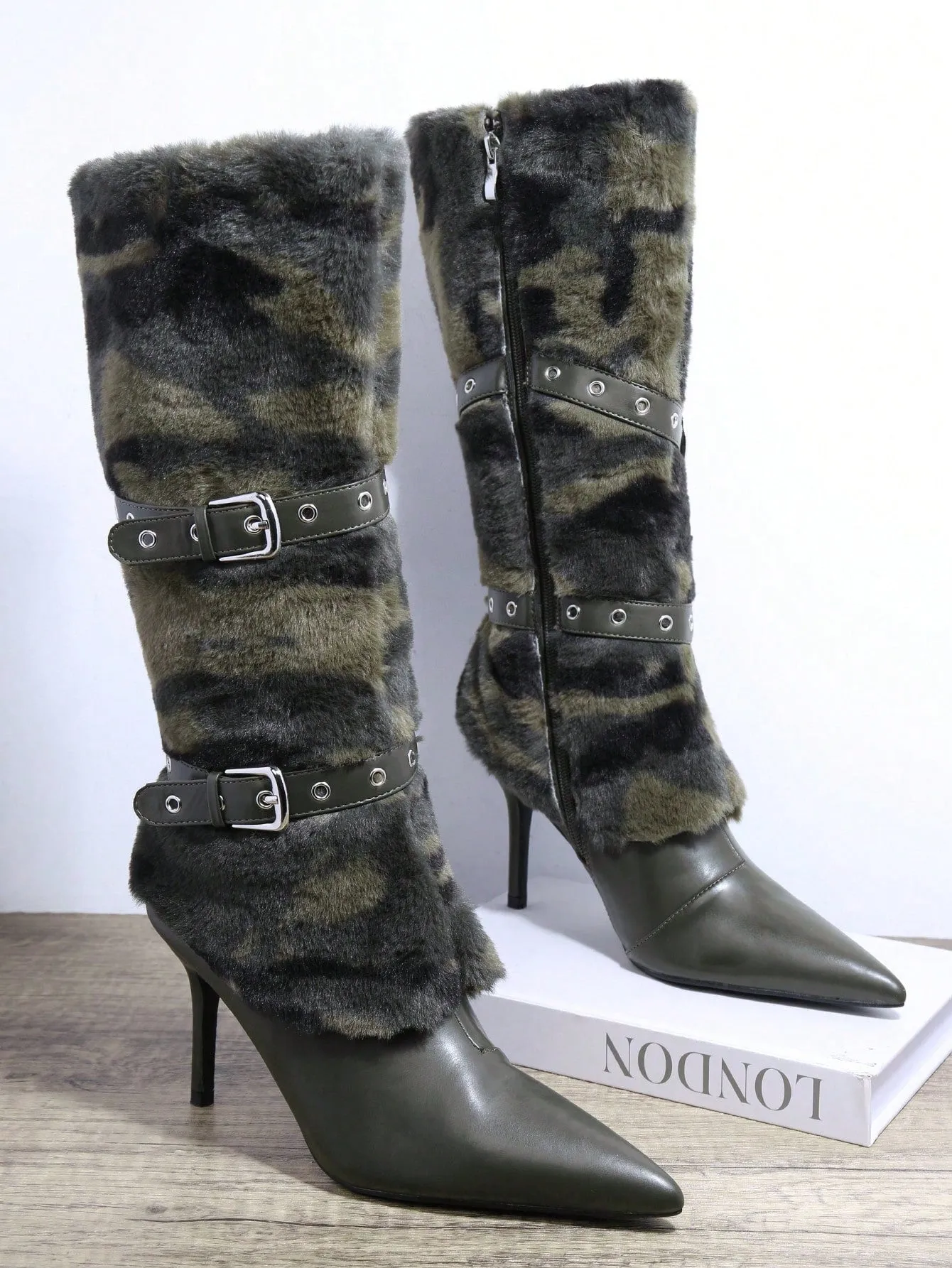 Camo Faux Fur Buckle High Heeled Boots