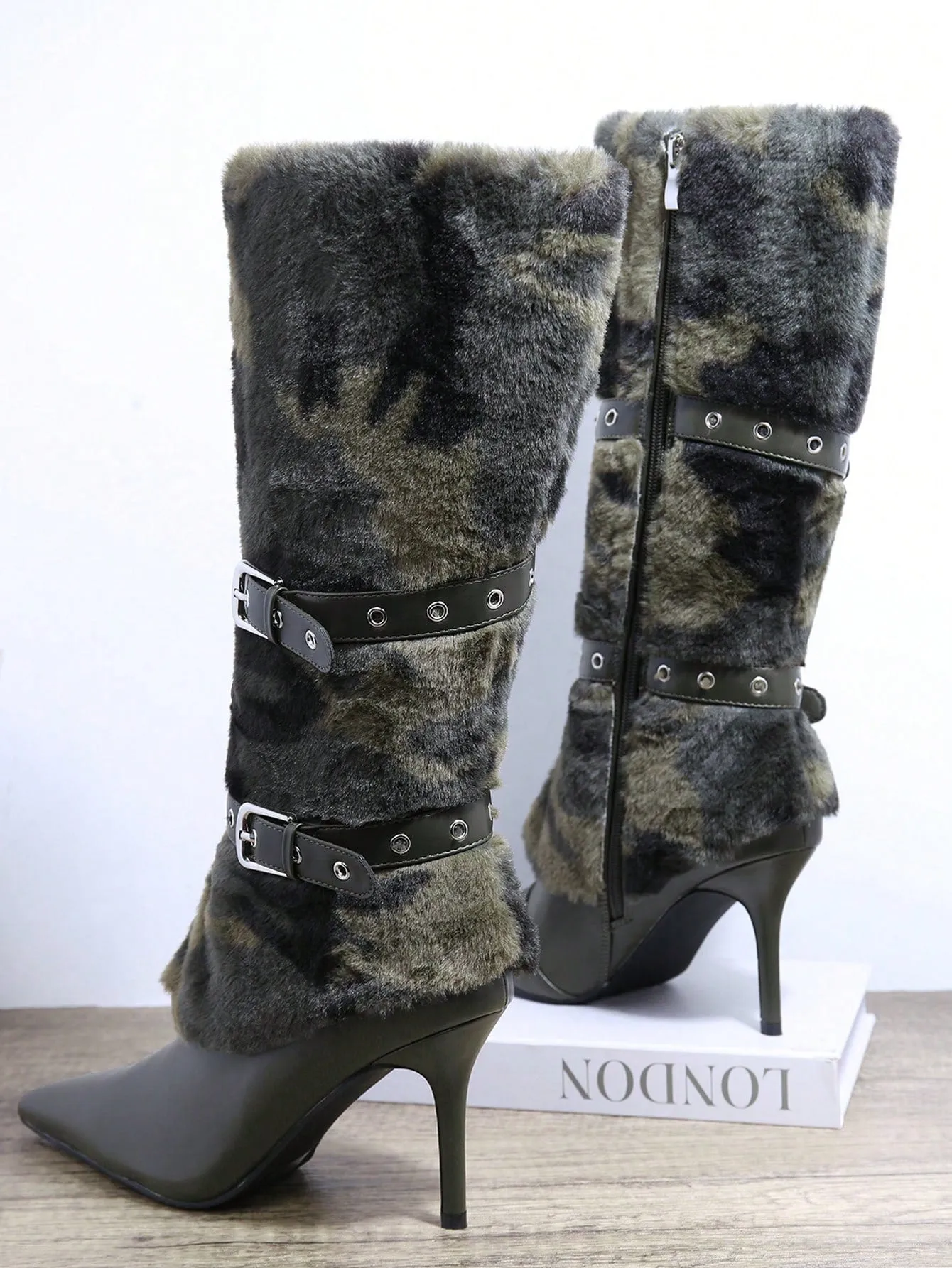 Camo Faux Fur Buckle High Heeled Boots