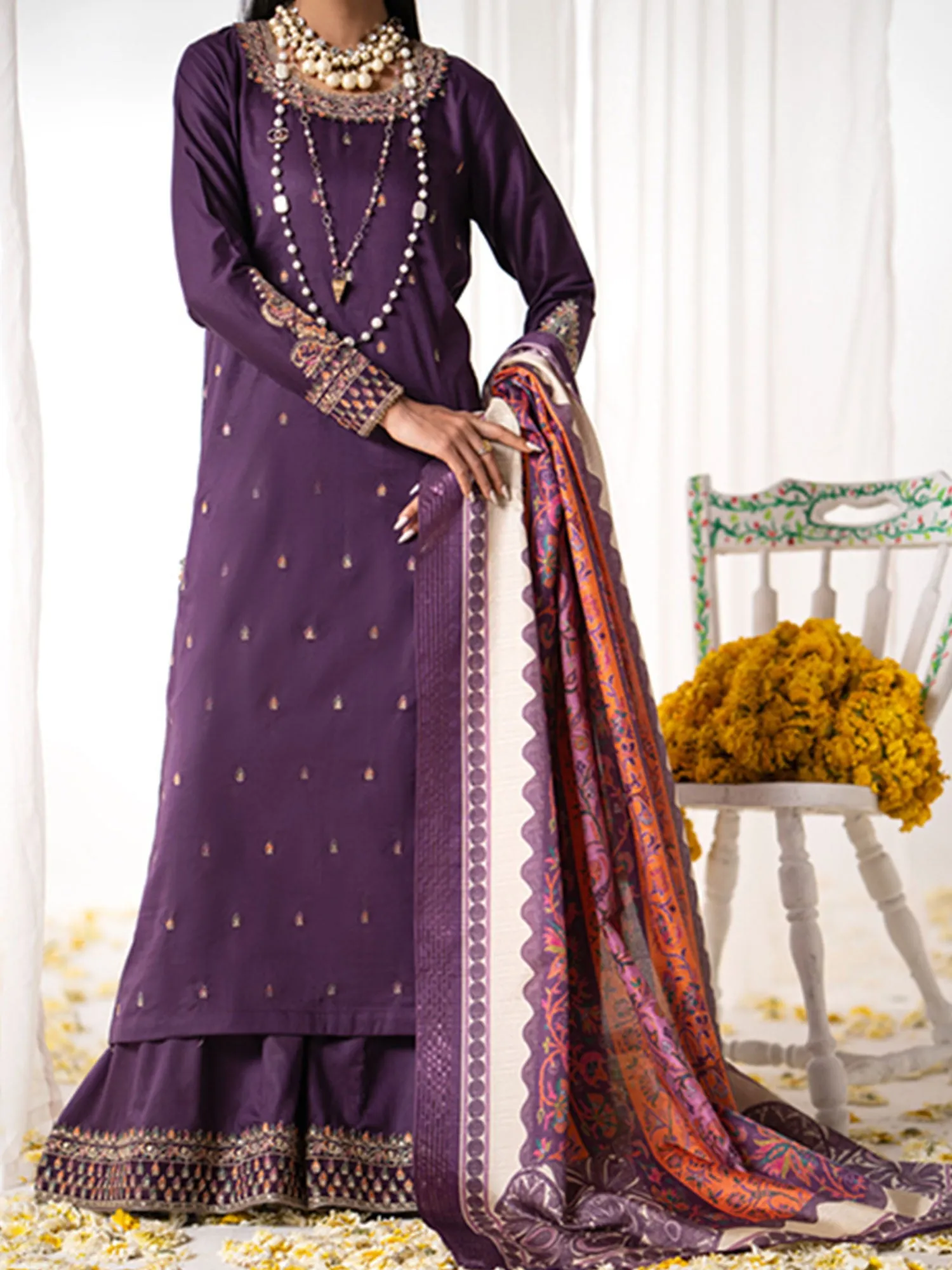 Casual Lite "Gul Posh" Embroidered Cotton Suit - Purple