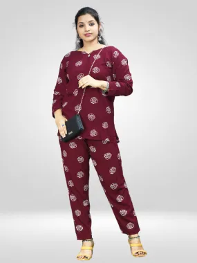 Casual Maroon Printed Co-ord Set for Women's in Comfortable Rayon