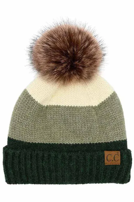 C.C Multi Color Block Stripes Pom Beanie