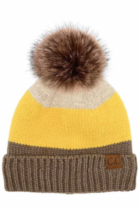 C.C Multi Color Block Stripes Pom Beanie