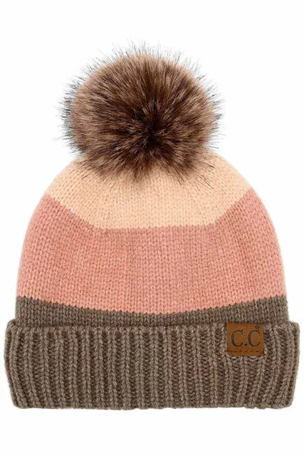 C.C Multi Color Block Stripes Pom Beanie