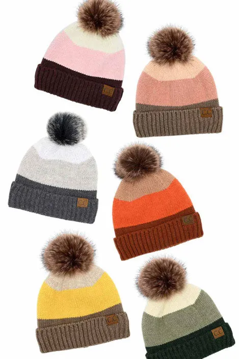 C.C Multi Color Block Stripes Pom Beanie