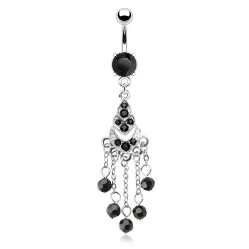 Chandelier Black Multi Gemmed w/Beads Dangle with 316L Surgical Steel Prong Set Black Gem Navel