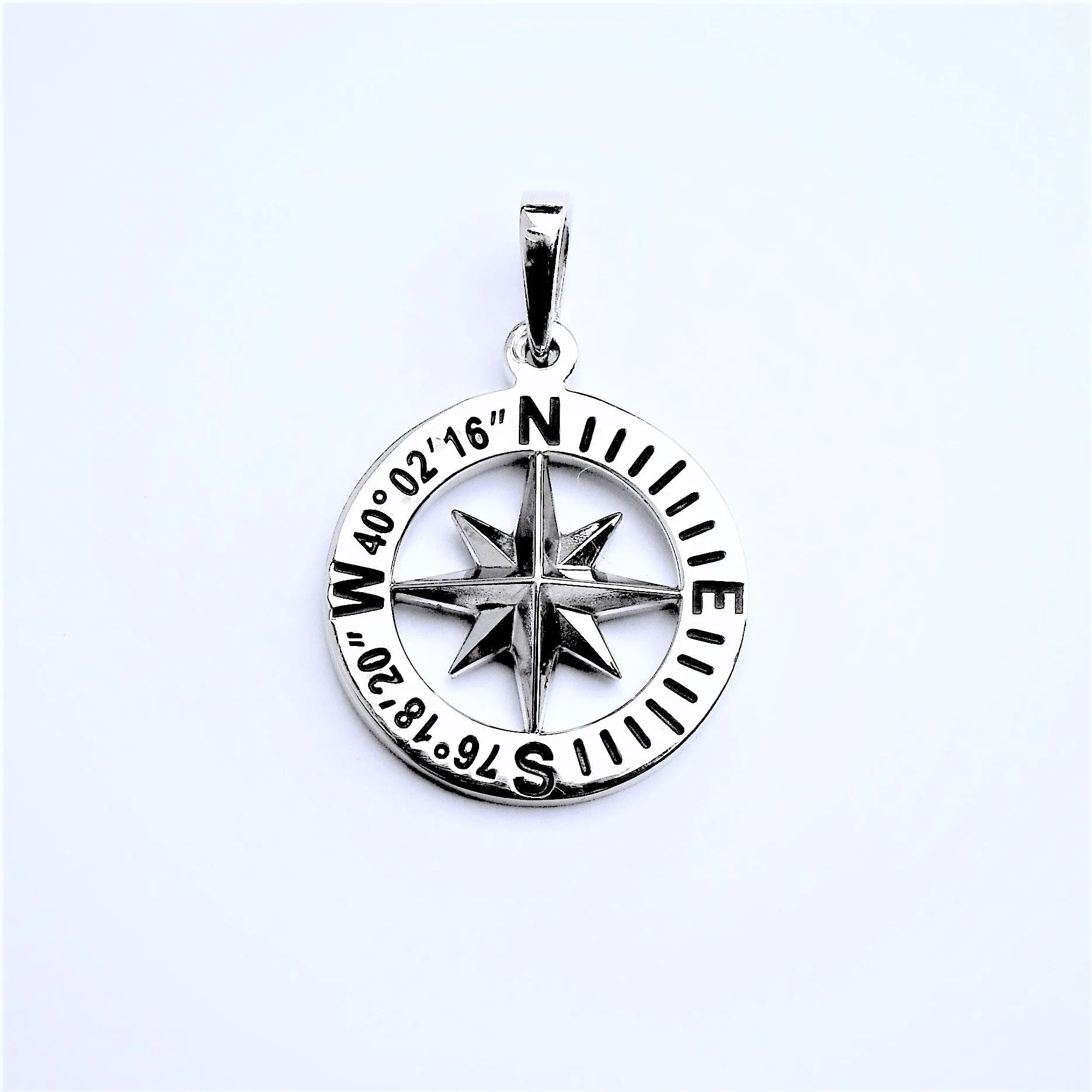 Compass Rose Custom Coordinates 3/4 Sterling Silver Pendant