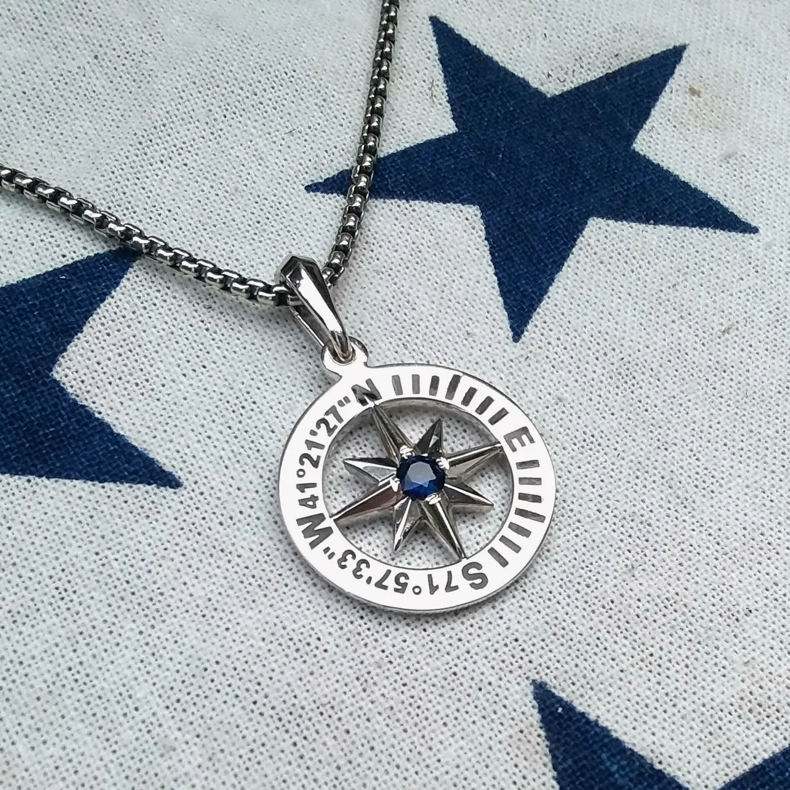 Compass Rose Custom Coordinates 3/4 Sterling Silver Pendant