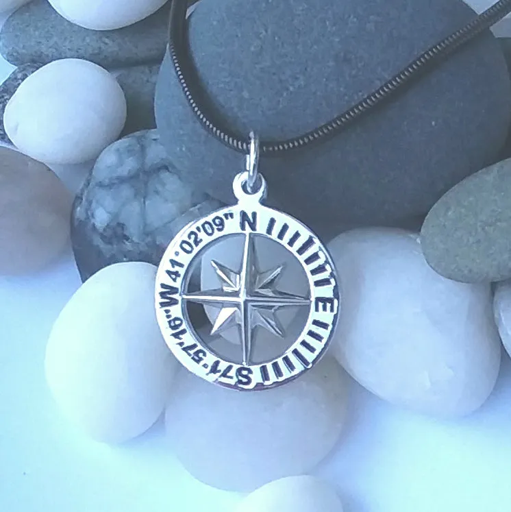 Compass Rose Custom Coordinates 3/4 Sterling Silver Pendant