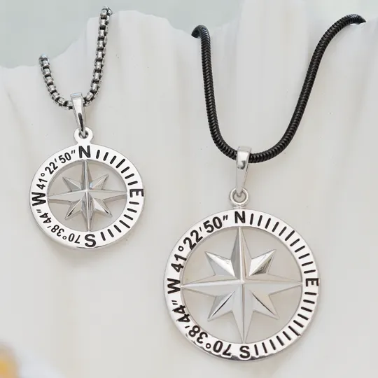 Compass Rose Custom Coordinates 3/4 Sterling Silver Pendant