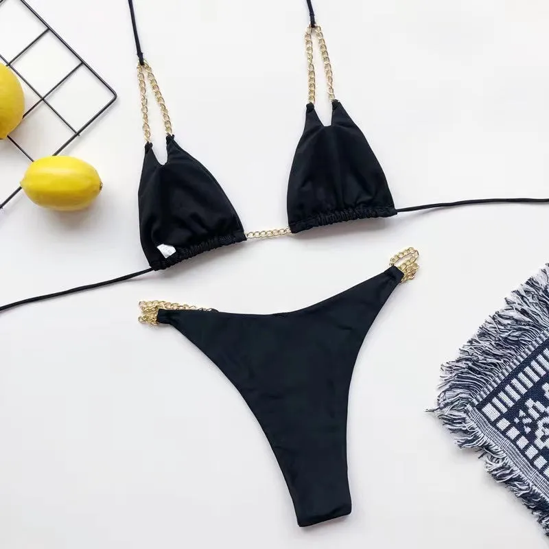 Costum de baie doua piese 'Vacay Ready' Negru cu detalii din lant, ajustabil