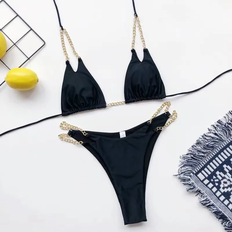 Costum de baie doua piese 'Vacay Ready' Negru cu detalii din lant, ajustabil