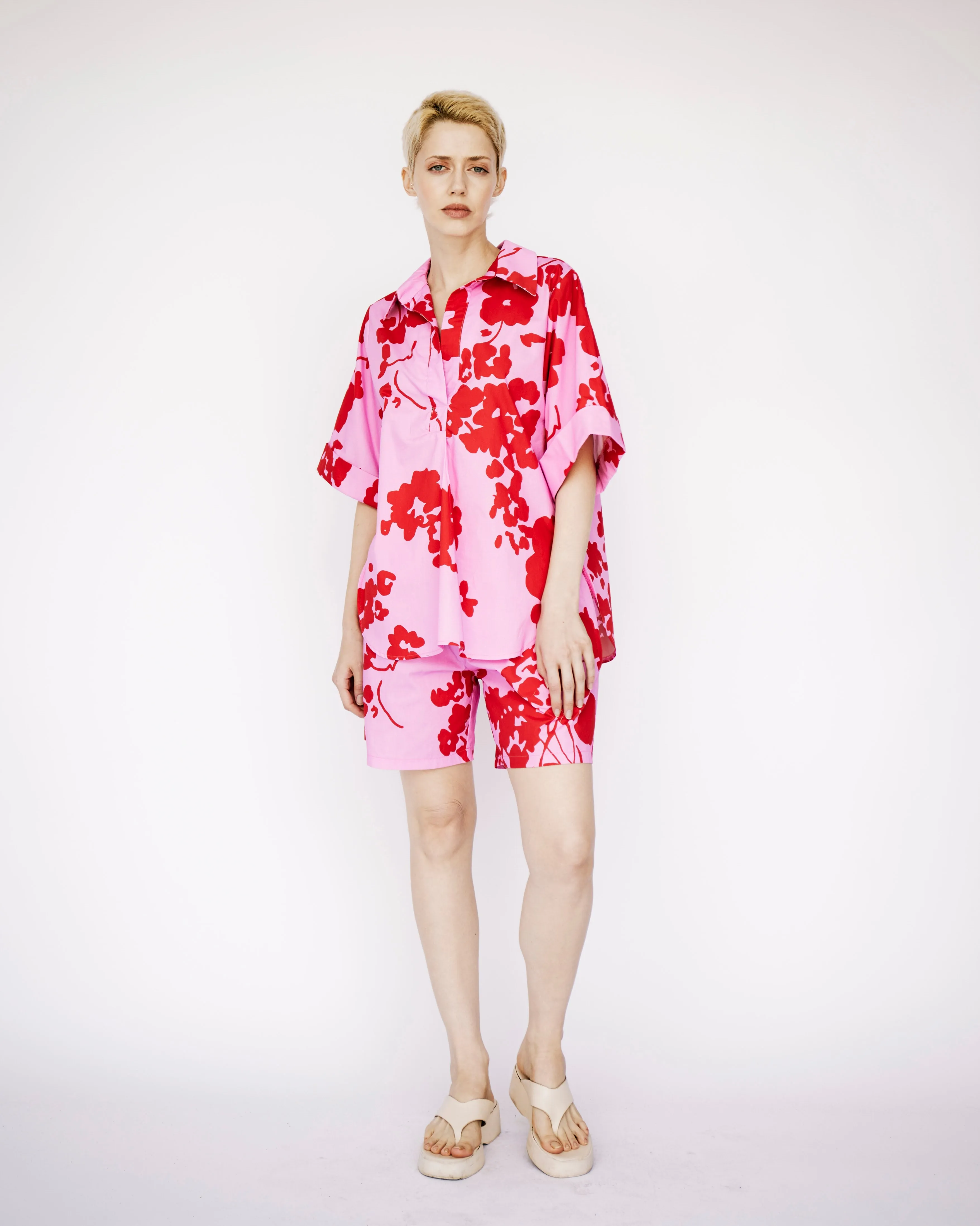 Cotton Tunic Shirt in Red and Pink Floral