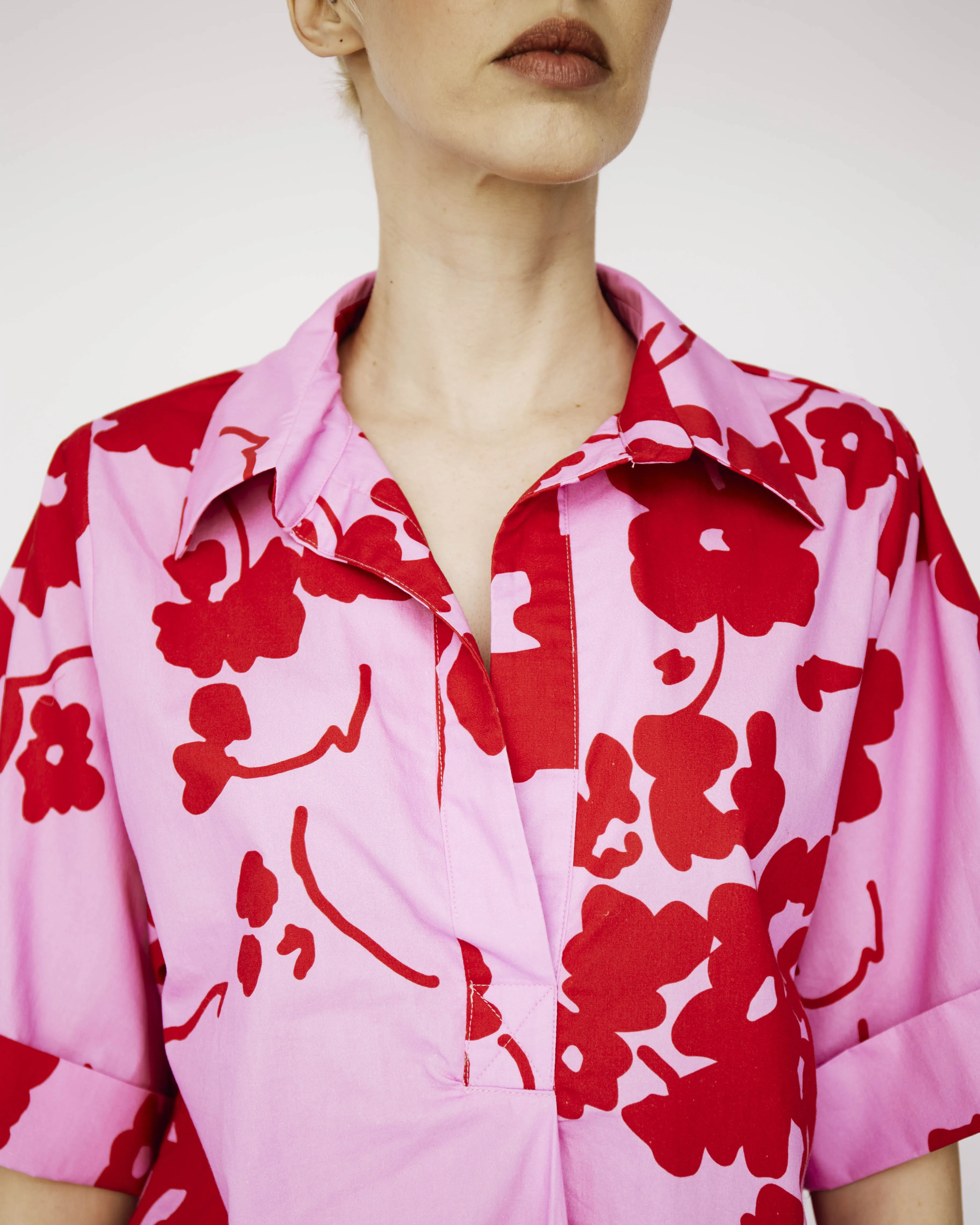 Cotton Tunic Shirt in Red and Pink Floral