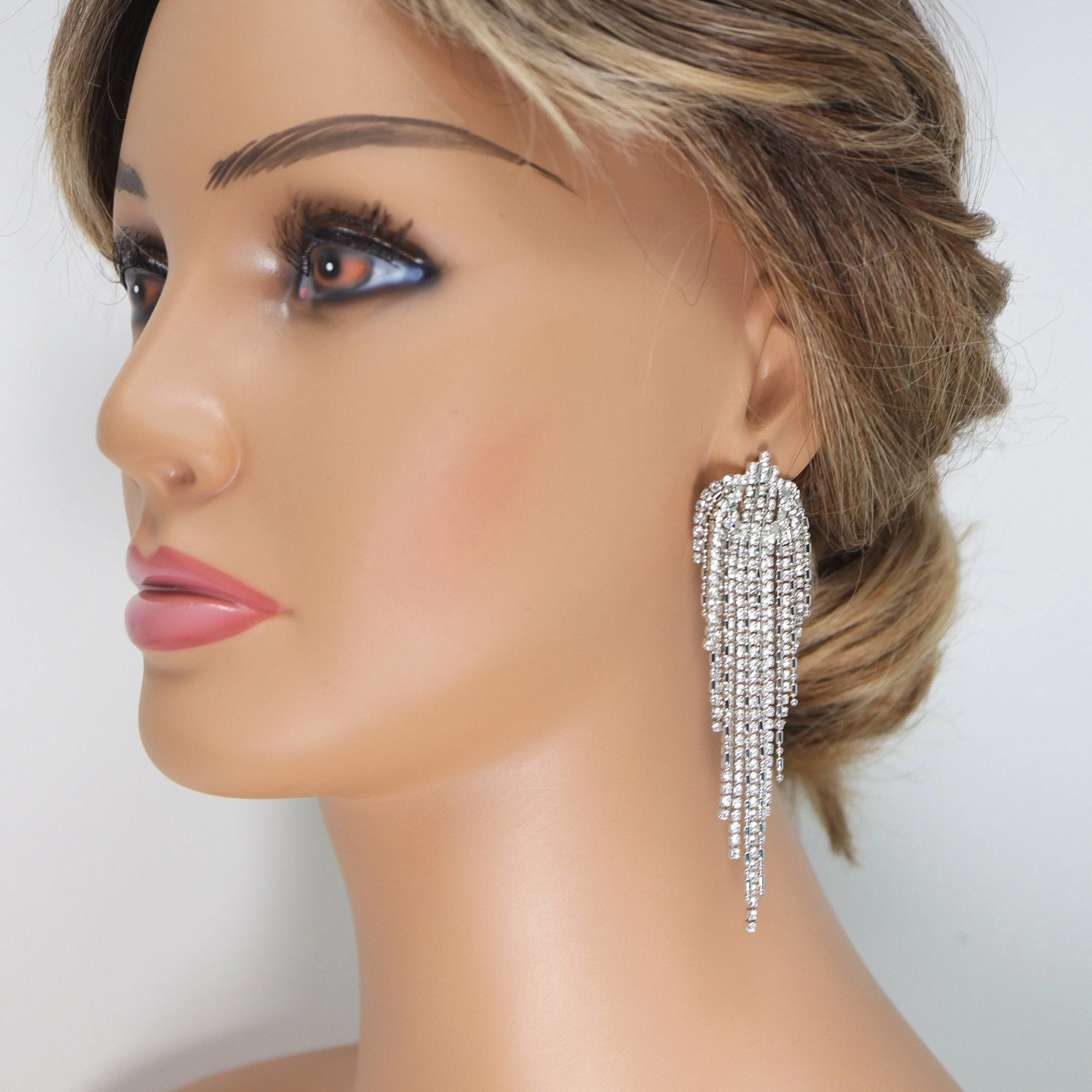 Crystal/Diamond earrings Long Tassel SilverBridal Jewelry Bridal Earrings Crystal Bridal Earrings Statement earrings Cz