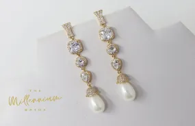 Cubic Zirconia Diamond Pearl Drop Gold Plated Earring, Diamond Earrings, Long Bridal Jewelry, Crystal Bridal Earrings, Statement Earrings Cz