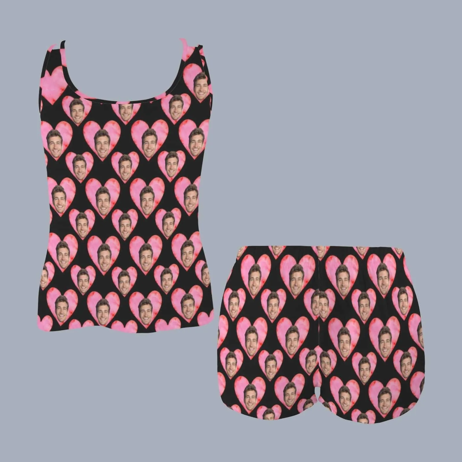 Custom Face Pink Heart Pajama Set Personalized Women's Racer Back Pajama Sets