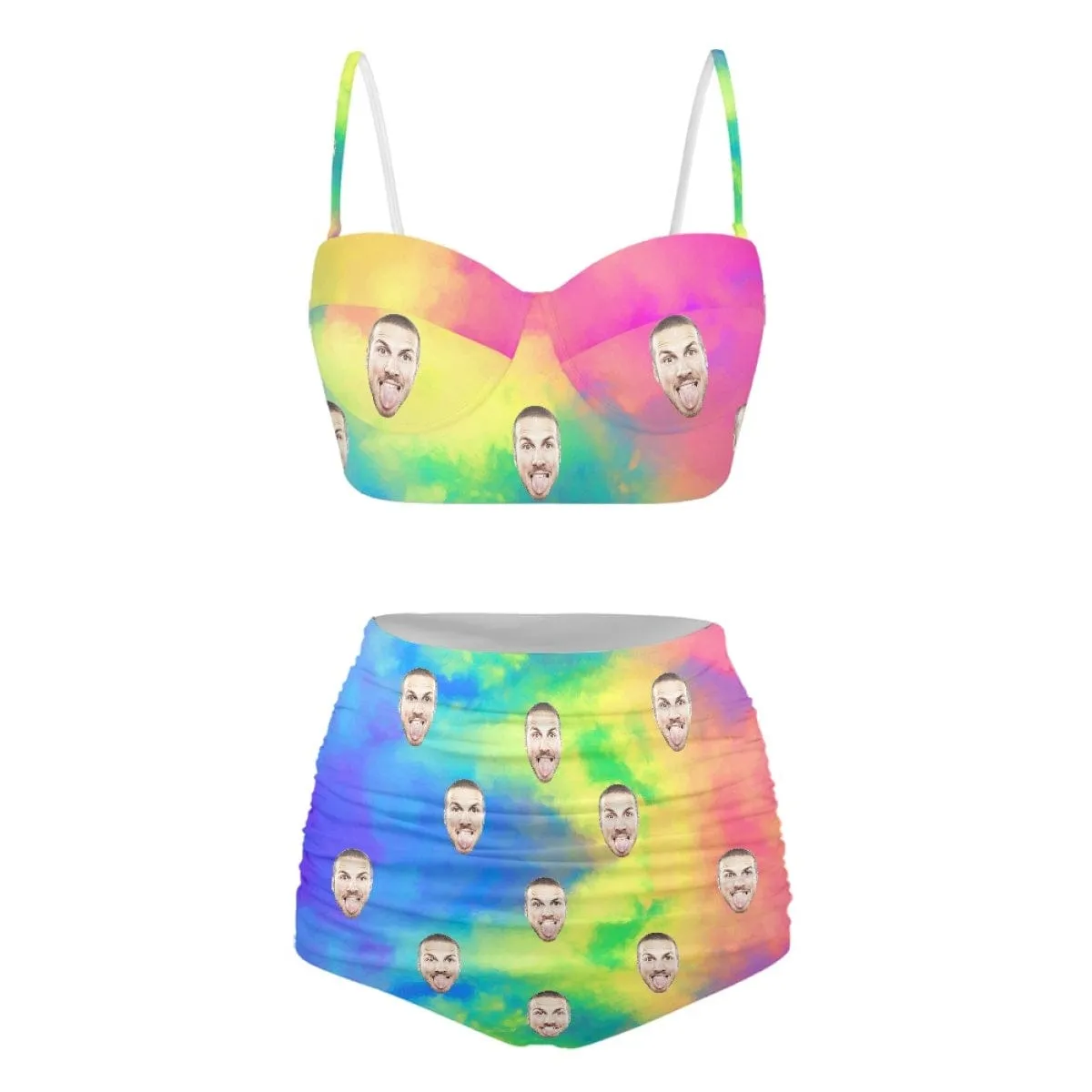 Custom Face Tie-dye Style Bright Color High Waist Bikini Personalized Two-piece Swimsuit