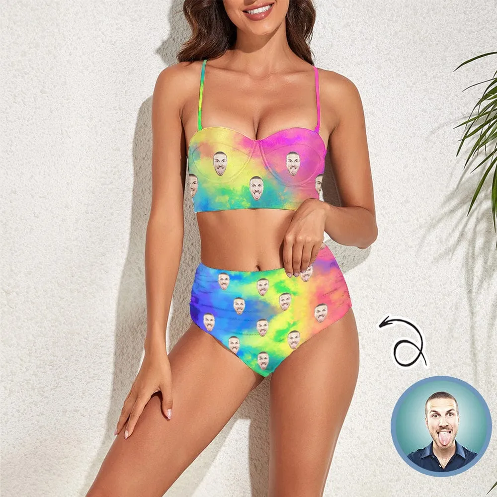 Custom Face Tie-dye Style Bright Color High Waist Bikini Personalized Two-piece Swimsuit