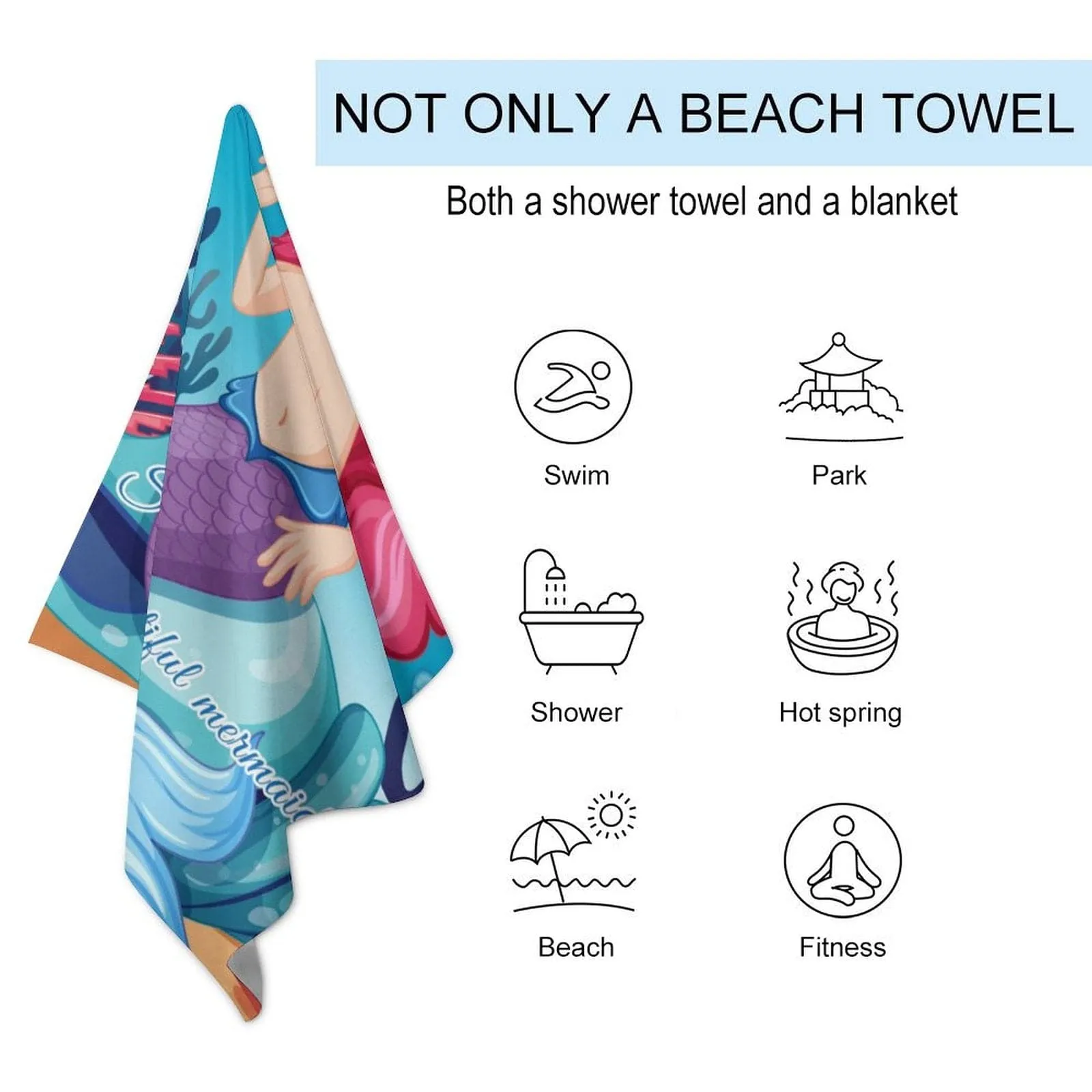 Custom Face&Text Mermaid Princess Beach Towel Quick-Dry Sand-Free Super Absorbent Non-Fading Beach&Bath Towel