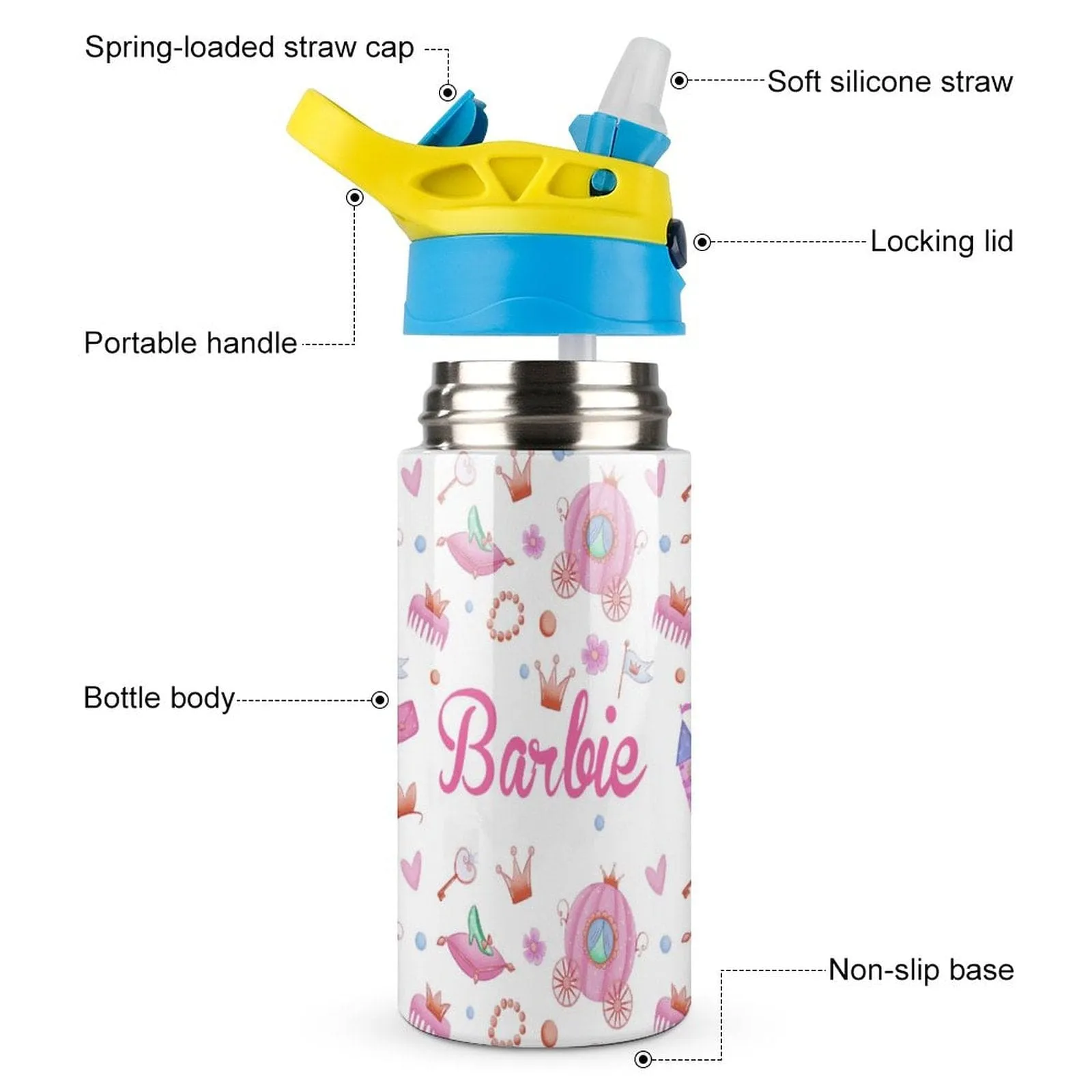 Custom Name Cute White Kids Water Bottle 12OZ Stainless Steel Personalized Drink Cup