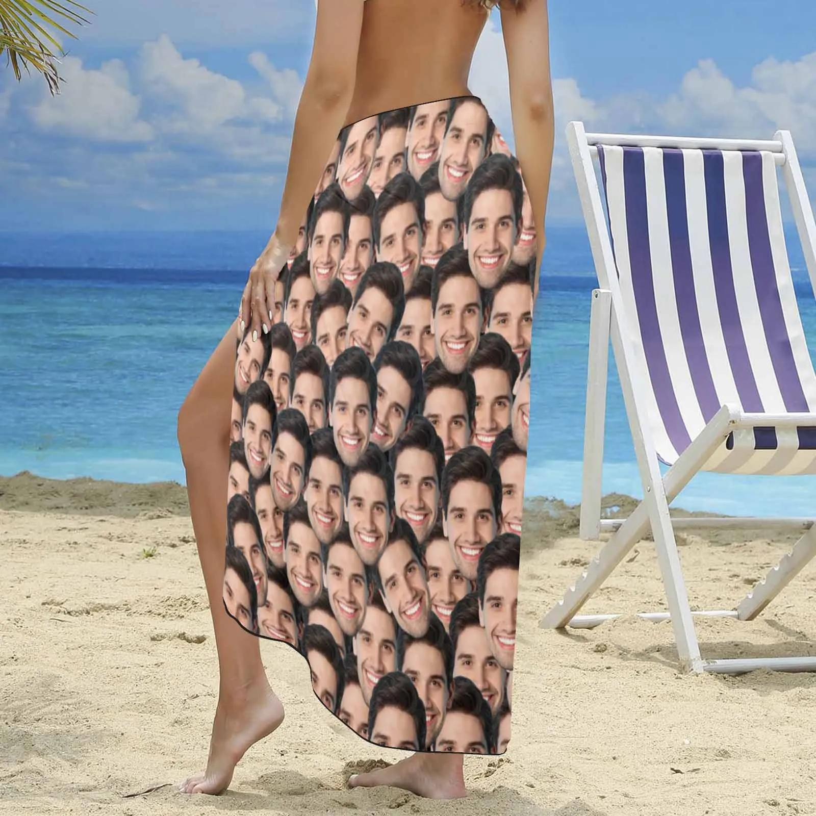 Custom Seamless Face Long Sarongs Beach Wrap Personalized Bikini Cover Up