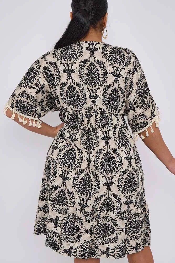 Damask Print Tassel Lace Sleeve Hem Dress