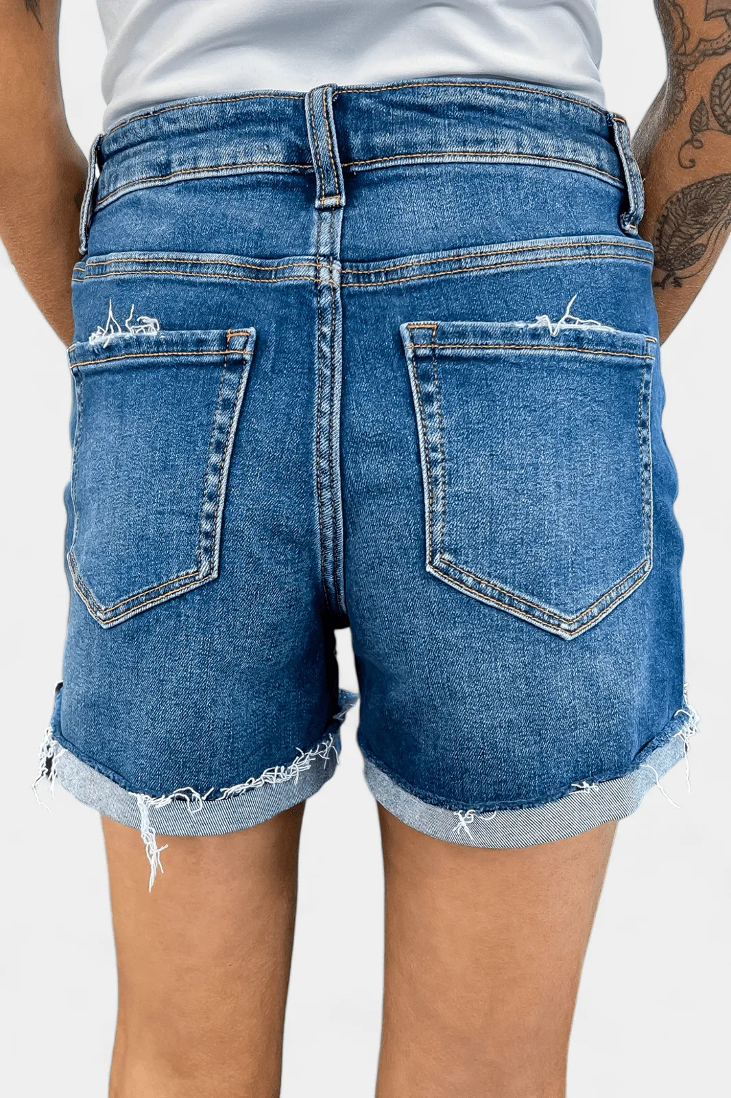 Dark Wash Cuffed Raw Hem Denim Shorts