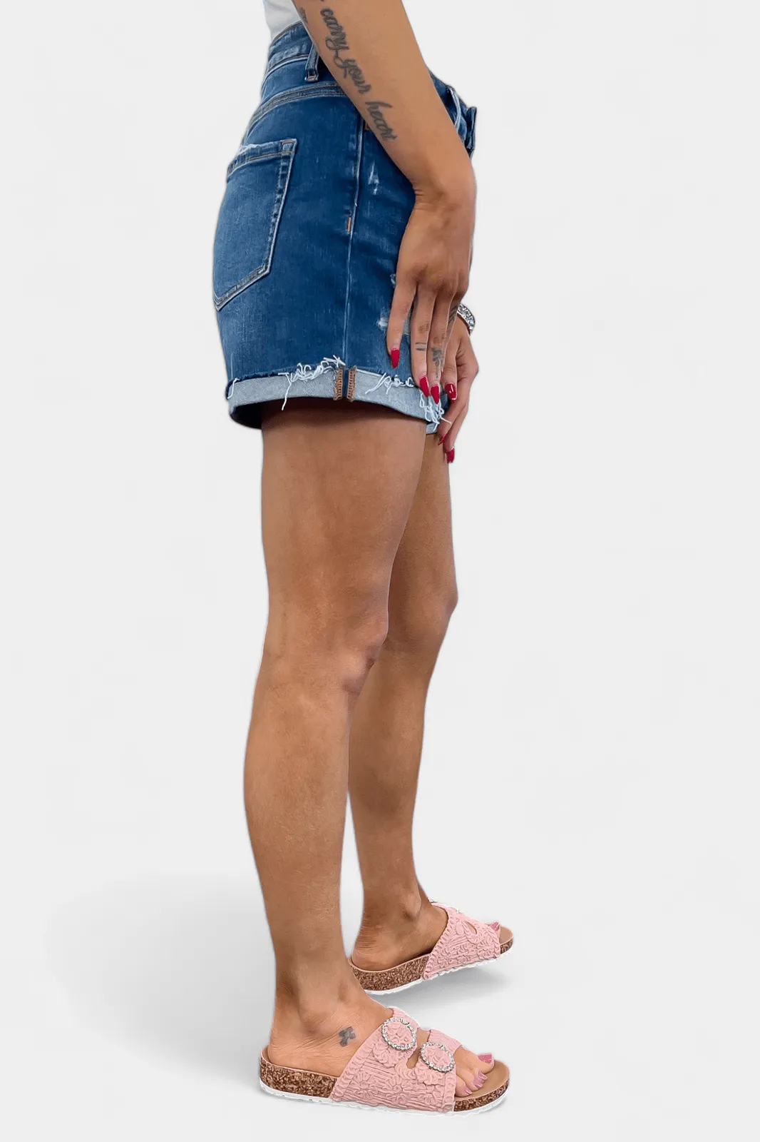 Dark Wash Cuffed Raw Hem Denim Shorts