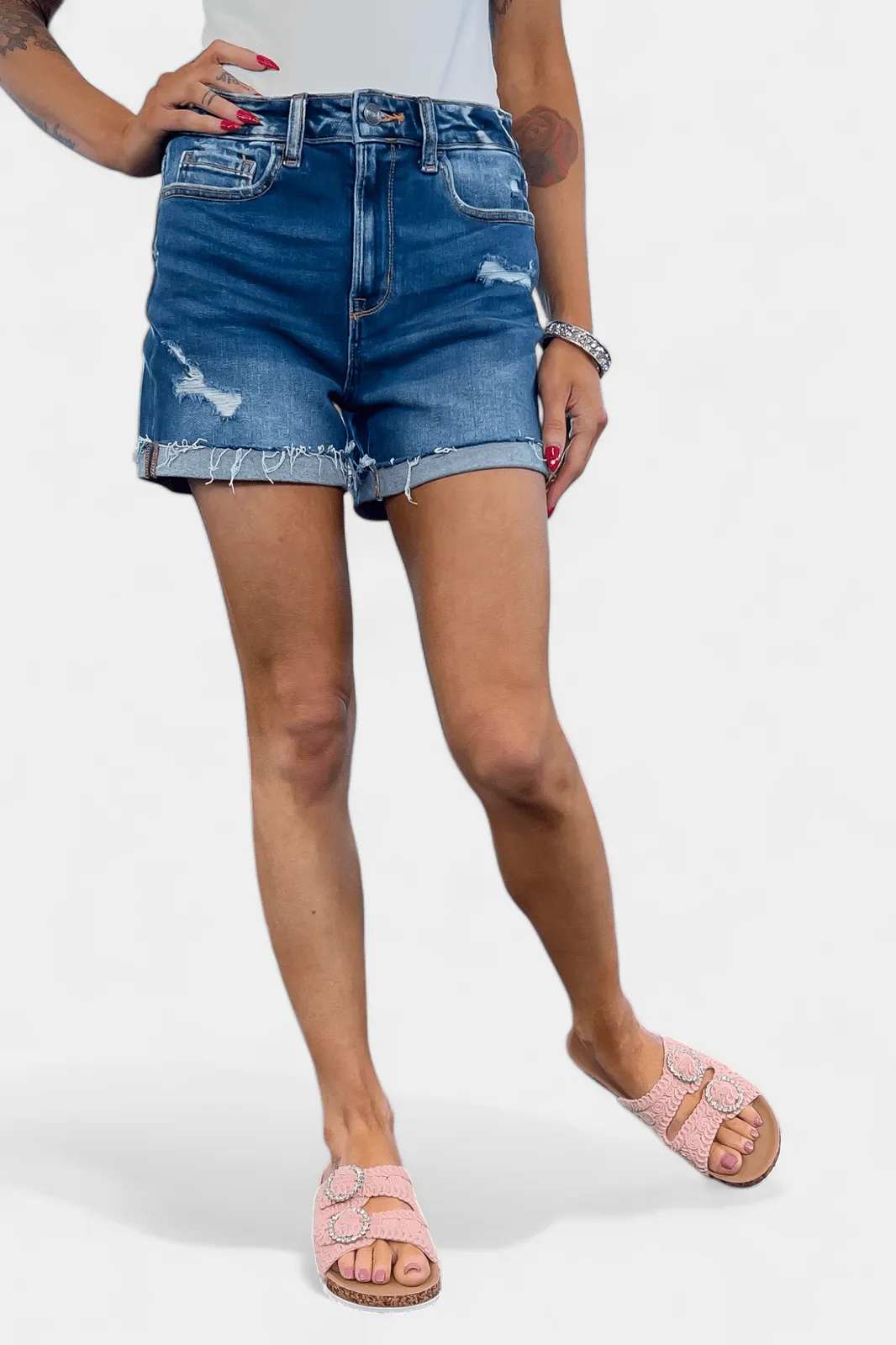 Dark Wash Cuffed Raw Hem Denim Shorts