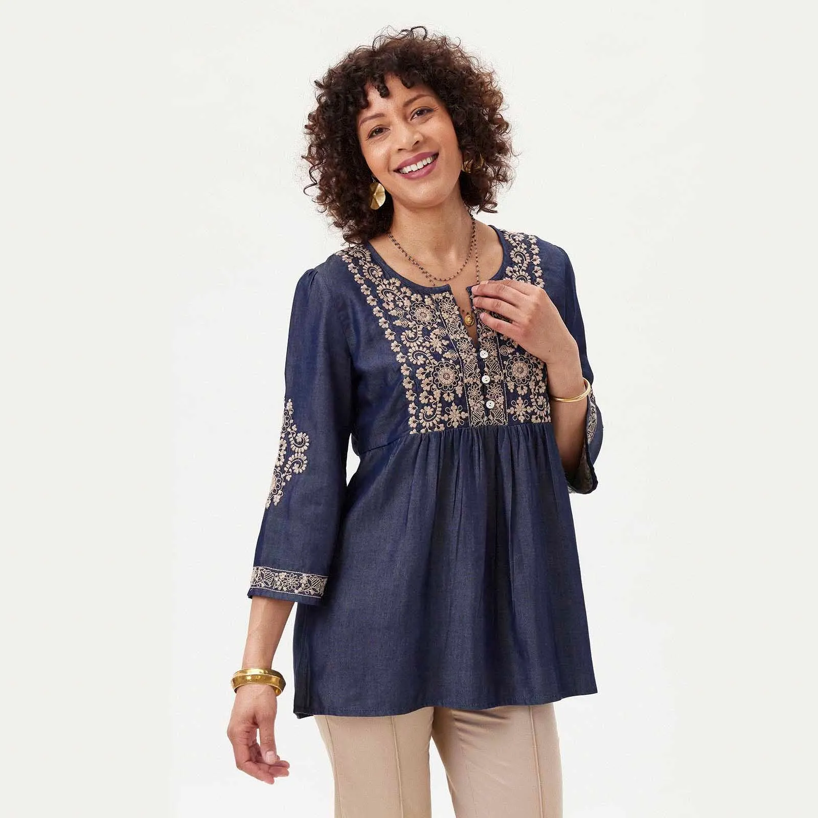 Denim Tencel Tunic with Tan Embroidery