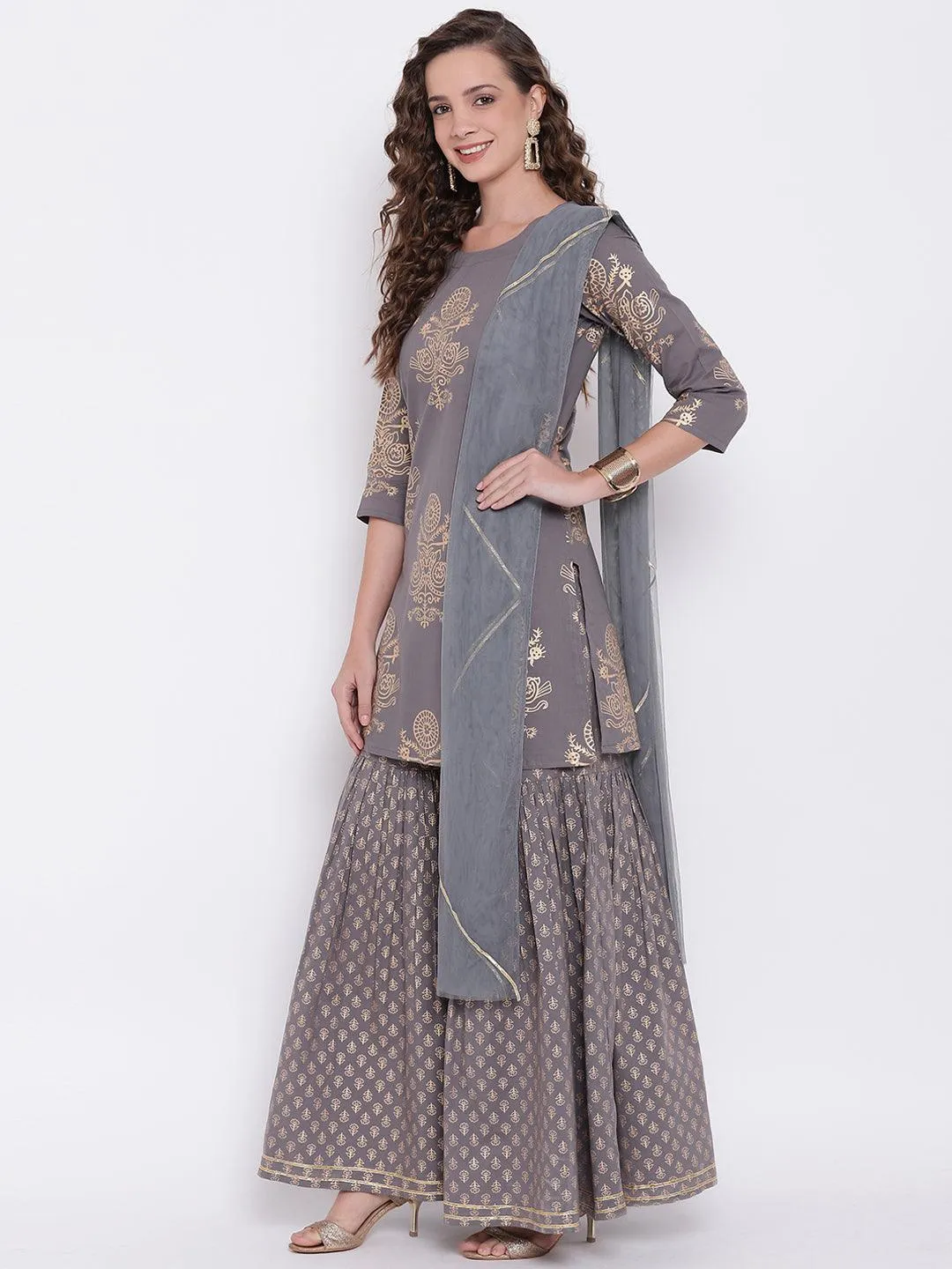 Divena Grey Foil Print Cotton Sharara Set with Net Dupatta