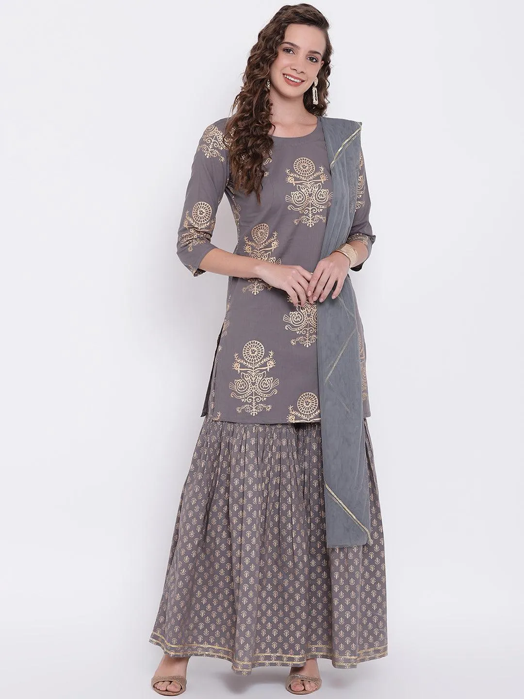 Divena Grey Foil Print Cotton Sharara Set with Net Dupatta