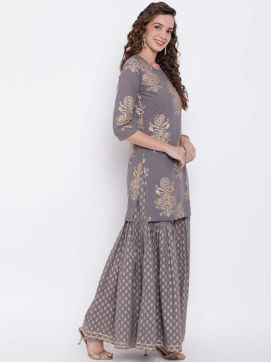 Divena Grey Foil Print Cotton Sharara Set with Net Dupatta