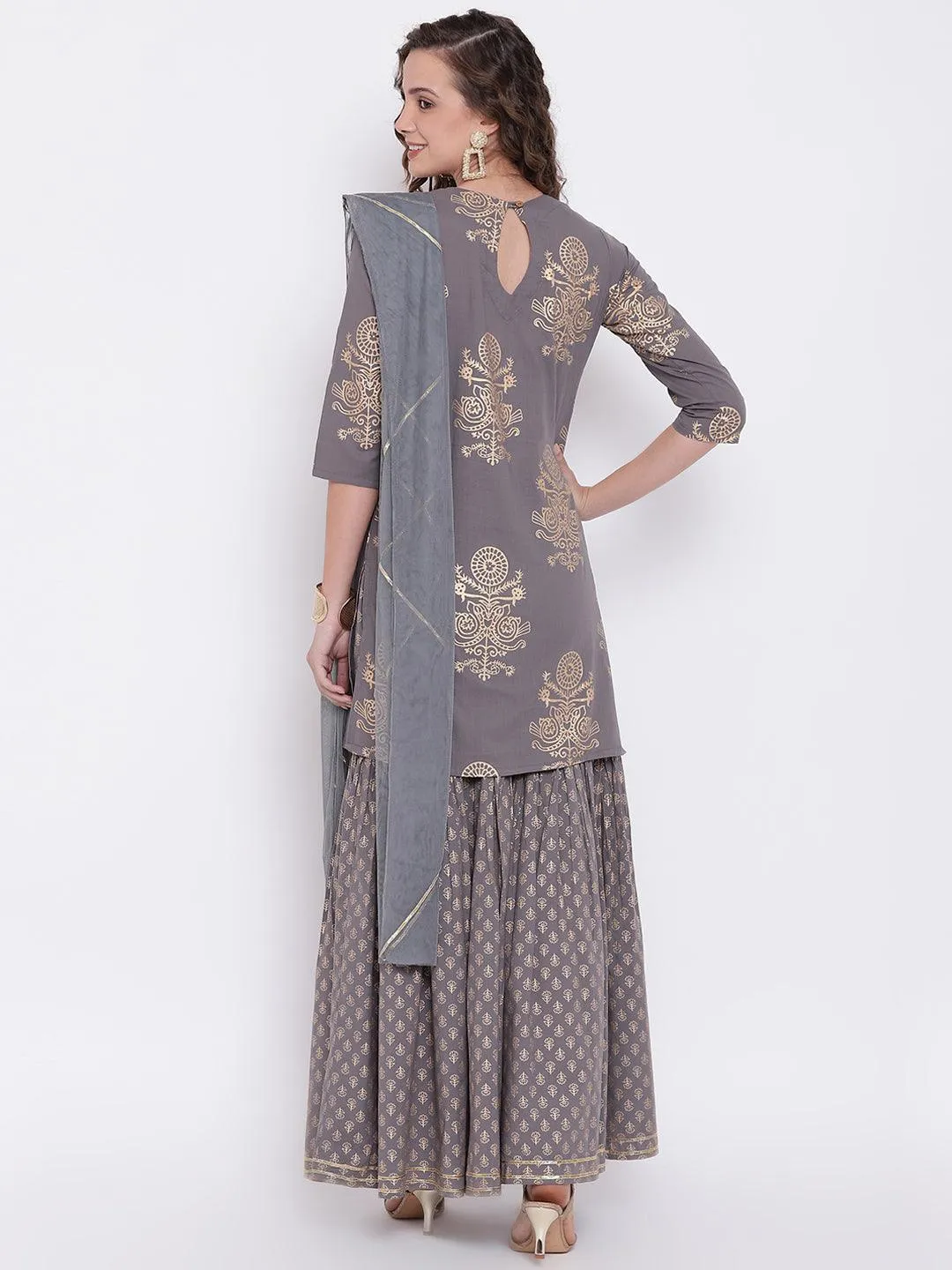 Divena Grey Foil Print Cotton Sharara Set with Net Dupatta