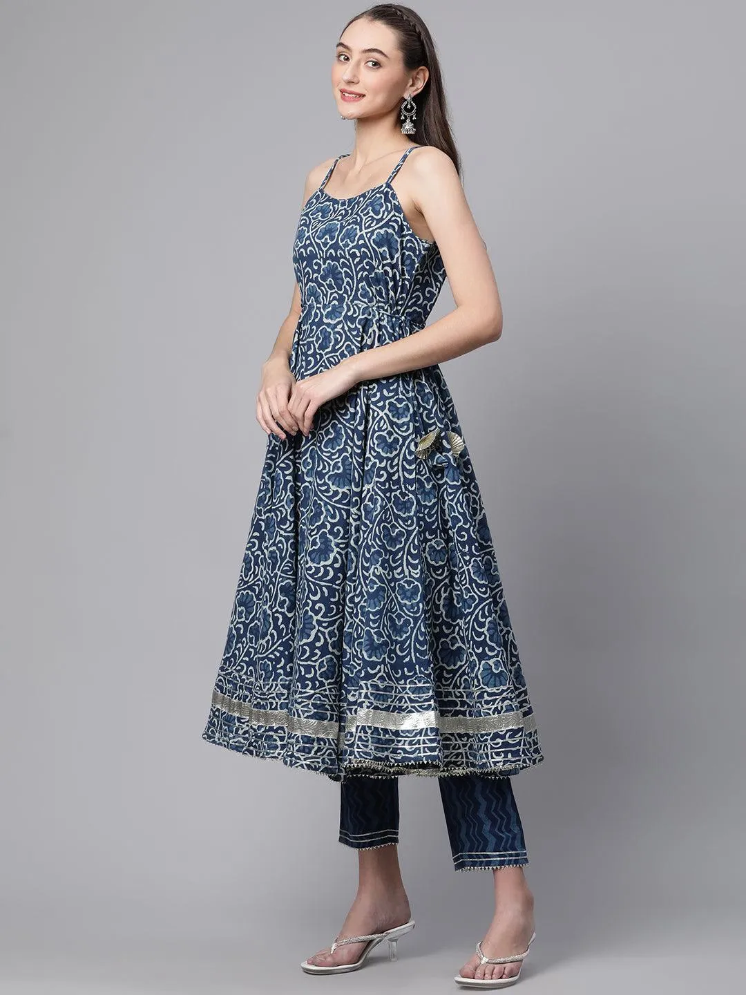 Divena Indigo Hand Block Printed Anarkali Kurta Pant Set with Dupatta