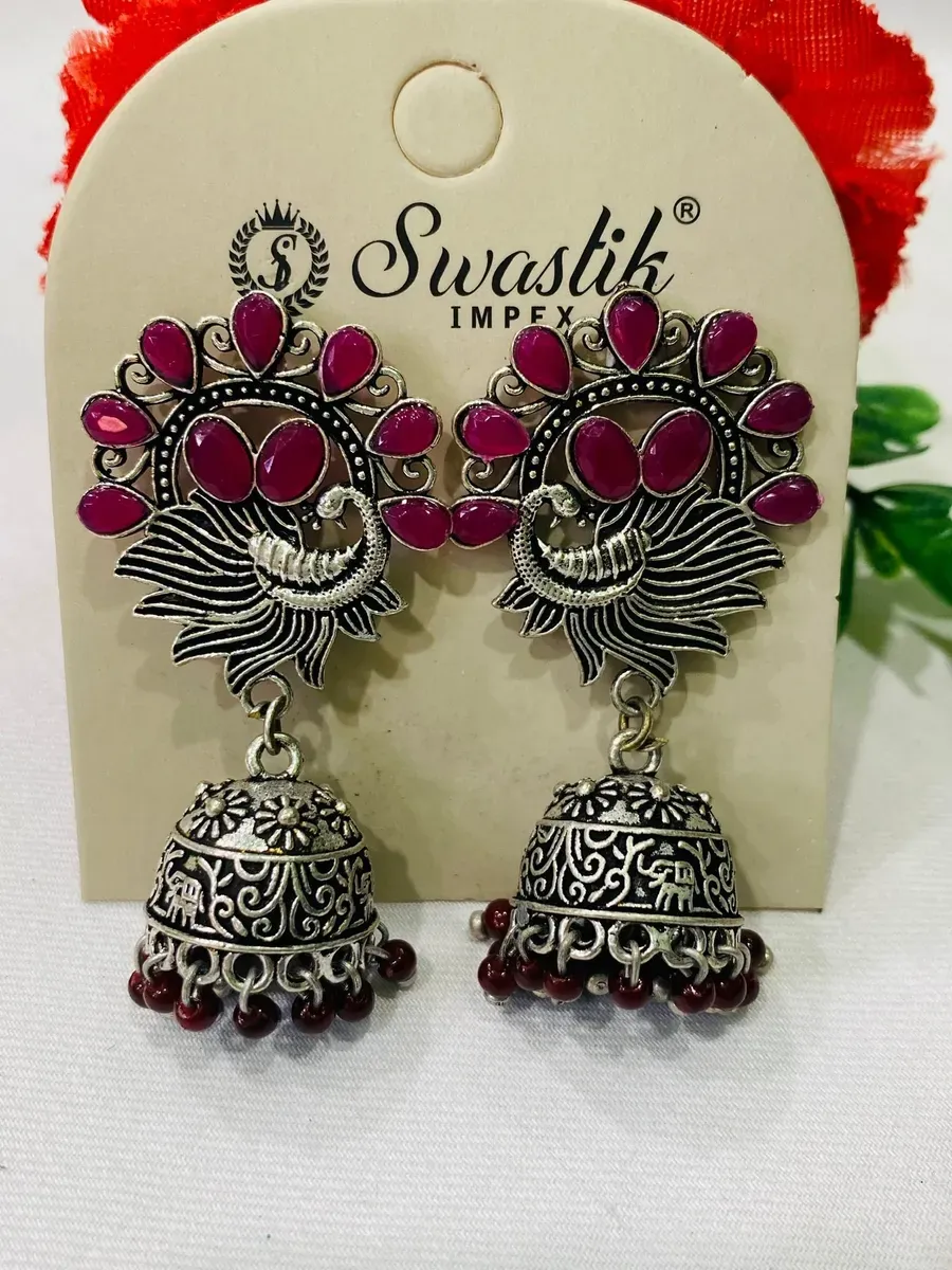 Elegant Ruby And Maroon Beaded Oxidized Jhumka Earrings